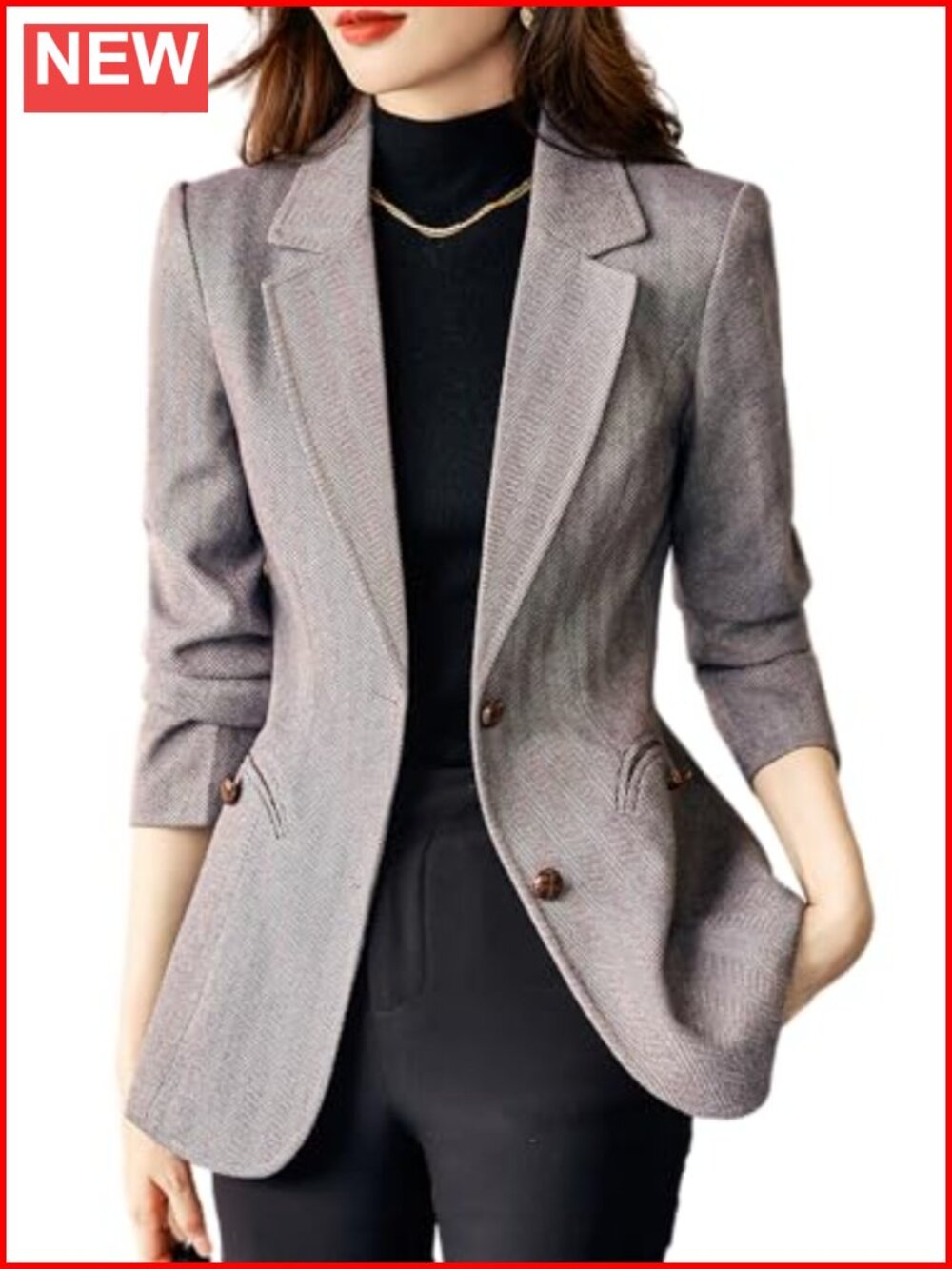 Women's Herringbone Notch Lapel Blazer Jacket Slim Wool Blend Coat